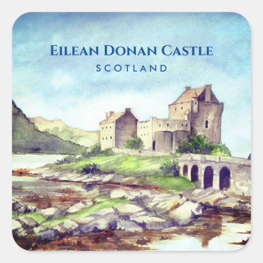 Eilean Donan Castle Scotland Aquarellmalerei Quadratischer Aufkleber (Vorderseite)