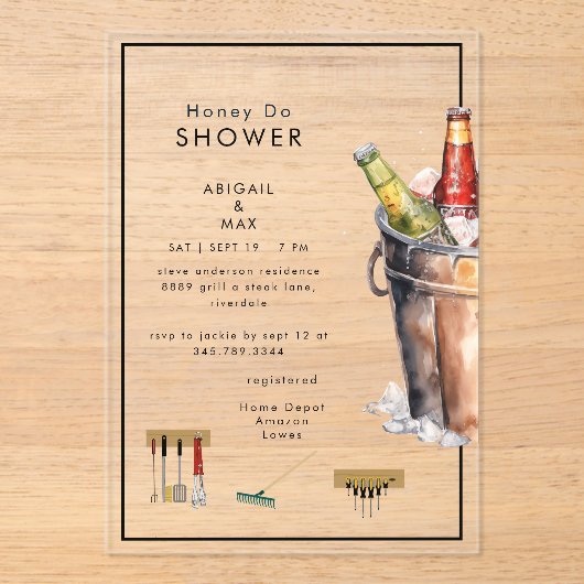 Eimer Bier Honig Brautpaar Hochzeitsdusche Acryleinladungen (Vorderseite)