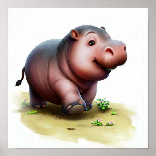 Ein 3D-Aquarellbild eines Niedlichen Hippopotamus Poster (Vorne)