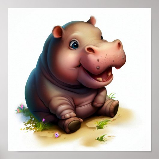 Ein 3D-Aquarellbild eines Niedlichen Hippopotamus Poster (Vorne)