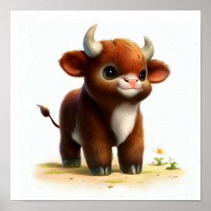 Ein 3D-Bild eines Niedlichen jungen Bulls Poster