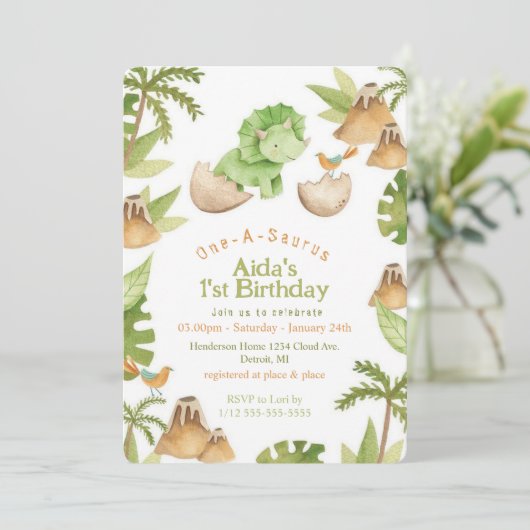 Ein-A-Saurus-Dinosaurier-Geburtstag Einladung (Stehend Vorderseite)