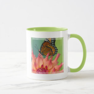 Ein Admiralfalter auf einer Zinnia Tasse