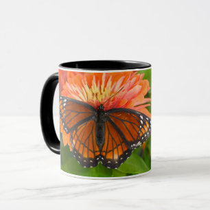 Ein Admiralfalter auf orangen Zinien Tasse