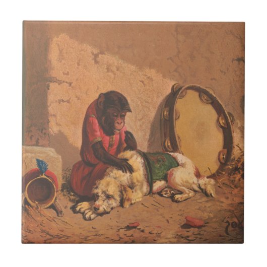 Ein Affe und ein Hund mit einem großen Tambourin Fliese (Vorderseite)