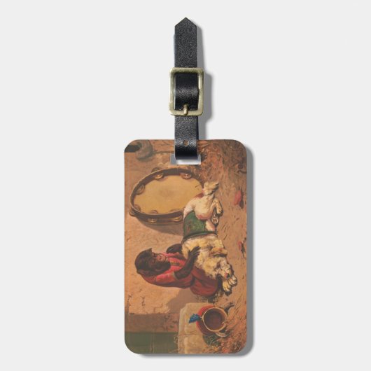 Ein Affe und ein Hund mit einem großen Tambourin Gepäckanhänger (Vorderseite vertikal)