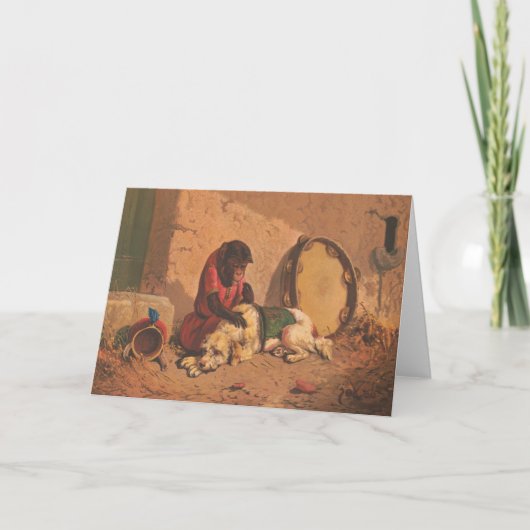 Ein Affe und ein Hund mit einem großen Tambourin Karte (Vorderseite)