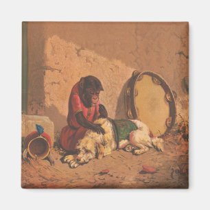 Ein Affe und ein Hund mit einem großen Tambourin Magnet