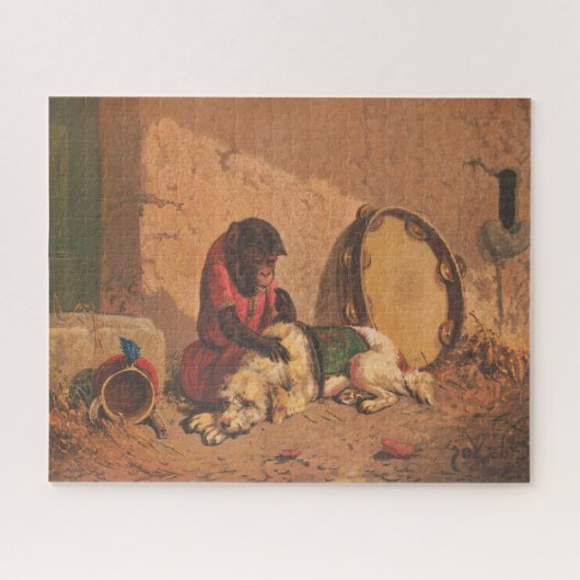 Ein Affe und ein Hund mit einem großen Tambourin Puzzle (Horizontal)