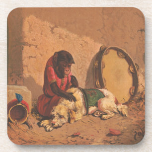 Ein Affe und ein Hund mit einer großen Tambourine Getränkeuntersetzer