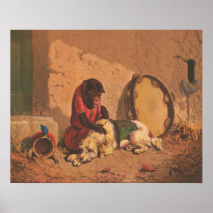 Ein Affe und ein Hund mit einer großen Tambourine Poster