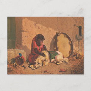 Ein Affe und ein Hund mit einer großen Tambourine Postkarte