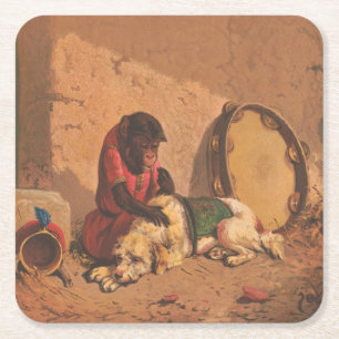 Ein Affe und ein Hund mit einer großen Tambourine Rechteckiger Pappuntersetzer