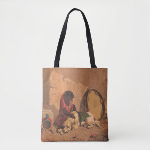 Ein Affe und ein Hund mit einer großen Tambourine Tasche