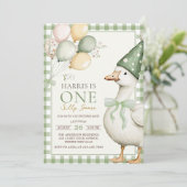 Ein Alberner Gänseballon Green Gingham 1. Geburtst Einladung (Stehend Vorderseite)