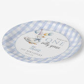 Ein Alberner Gänseblauer Gingham Balloons Geburtst Pappteller (Schrägansicht)