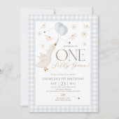 Ein Alberner Gänsejunge 1. Geburtstag Blue Gingham Einladung (Vorderseite)