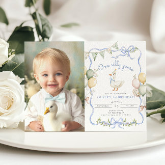 Ein Alberner Gänsepastel Foto Junge 1. Geburtstag Einladung