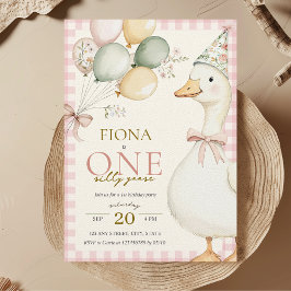 Ein Alberner Gänsepink Gingham Girl's 1. Geburtsta Einladung