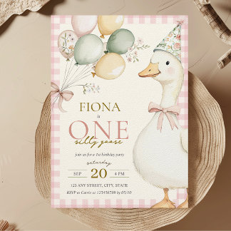 Ein Alberner Gänsepink Gingham Girl's 1. Geburtsta Einladung