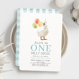 Ein Alberner Gänserboy Blue Gingham 1. Geburtstag Einladung