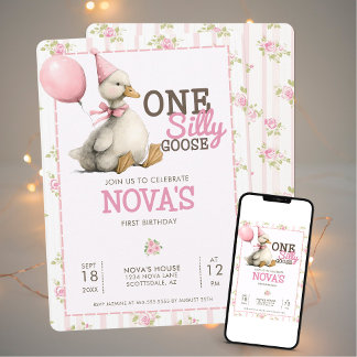 Ein Albernes Gänse Personalisiert Rosa 1. Geburtst Einladung
