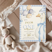 Ein Albernes Gänseblauer Gingham Boy 1. Geburtstag Einladung