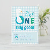 Ein Albernes Gänseblauer Karierter Junge 1. Geburt Einladung (Stehend Vorderseite)