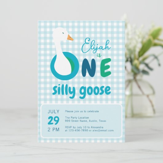 Ein Albernes Gänseblauer Karierter Junge 1. Geburt Einladung (Stehend Vorderseite)