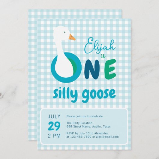 Ein Albernes Gänseblauer Karierter Junge 1. Geburt Einladung (Vorne/Hinten)