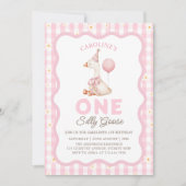 Ein Albernes Gänsedaisy Gingham 1. Geburtstag Einladung (Vorderseite)