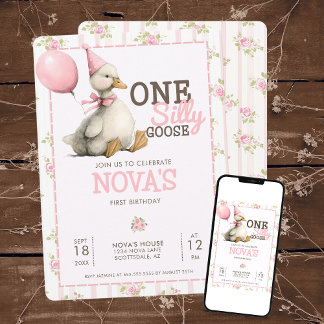 Ein Albernes Gänsepastell Rosa 1. Geburtstag Einladung