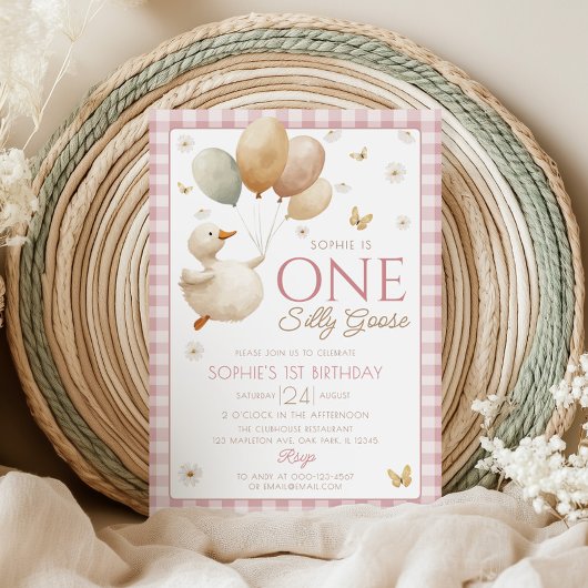 Ein Albernes Gänsepink Gingham 1. Geburtstag Einladung