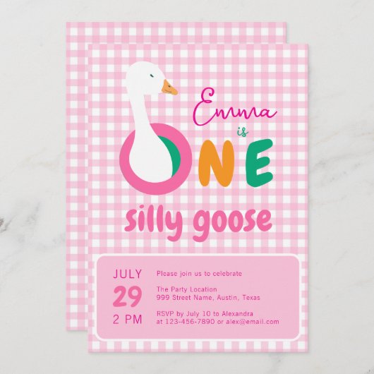 Ein Albernes Gänserosa Kariertes Mädchen 1. Geburt Einladung (Vorne/Hinten)