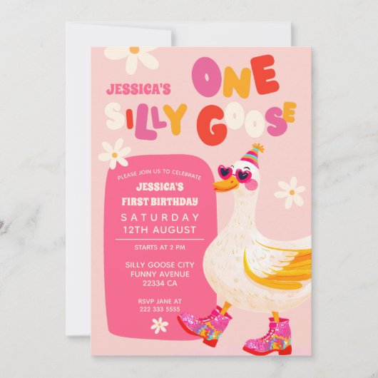 Ein Albernes Gänserosa Retro-Kind zum ersten Gebur Einladung (Vorderseite)