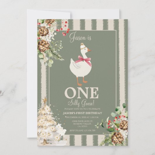 Ein Albernes Gänsewinterfest Pine 1. Geburtstag Einladung (Vorderseite)