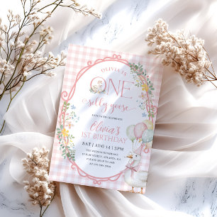 Ein Albernes Goose Girl 1. Geburtstag Pink Gingham Einladung