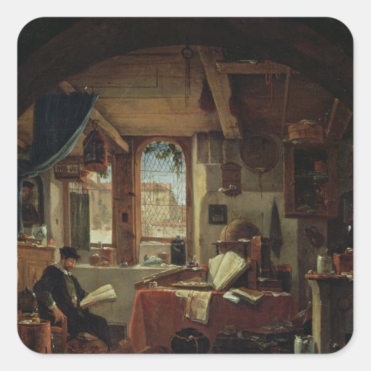 Ein Alchemist in seinem Labor Quadratischer Aufkleber (Vorderseite)