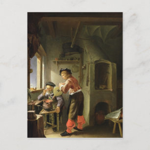 Ein Alchemist und sein Assistent in ihrer Werkstat Postkarte