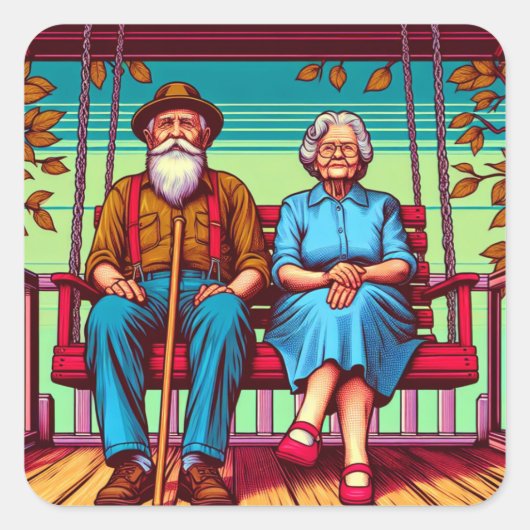 Ein altes Stoilpferd, das auf einer Veranda sitzt Quadratischer Aufkleber (Vorderseite)