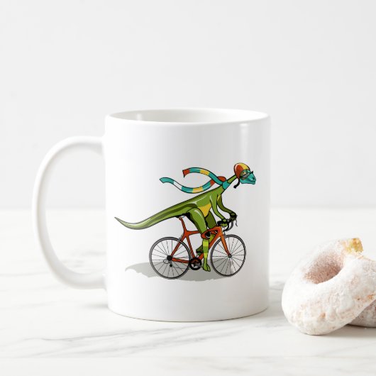 Ein Anabisetia Dinosaurier, der mit dem Fahrrad fä Kaffeetasse (Mit Donut)