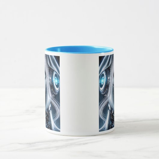 Ein Androidenmädchen mit perlenden blauen Augen. Tasse (Zentrum)