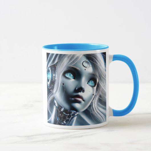 Ein Androidenmädchen mit perlenden blauen Augen. Tasse (Rechts)