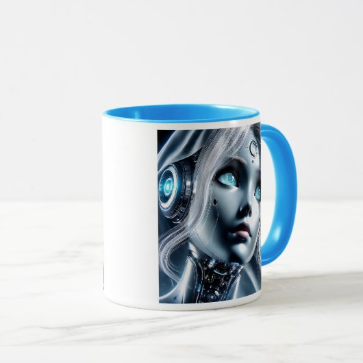 Ein Androidenmädchen mit perlenden blauen Augen. Tasse (VorderseiteRechts)