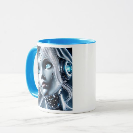 Ein Androidenmädchen mit perlenden blauen Augen. Tasse (Vorderseite Links)