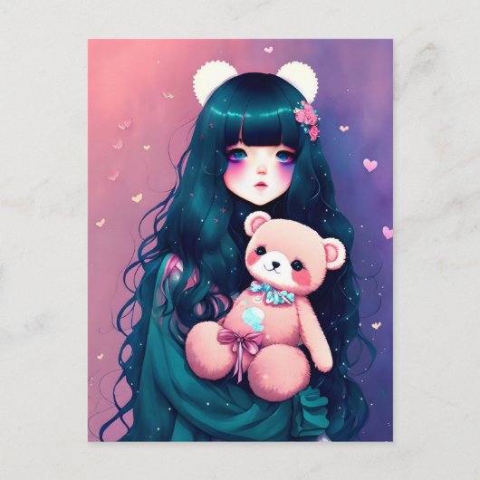 Ein Anime-Mädchen mit einem Teddy-Bär, Postüberque Postkarte (Vorderseite)
