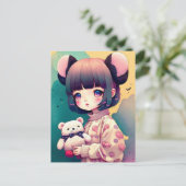 Ein Anime-Mädchen mit einem Teddy-Bär, Postüberque Postkarte (Stehend Vorderseite)