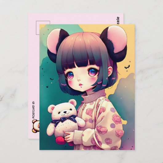 Ein Anime-Mädchen mit einem Teddy-Bär, Postüberque Postkarte (Vorne/Hinten)