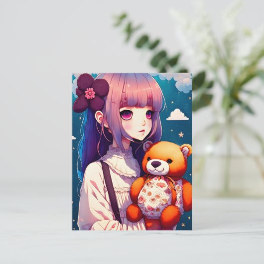 Ein Anime-Mädchen mit einem Teddy-Bär, Postüberque Postkarte (Stehend Vorderseite)