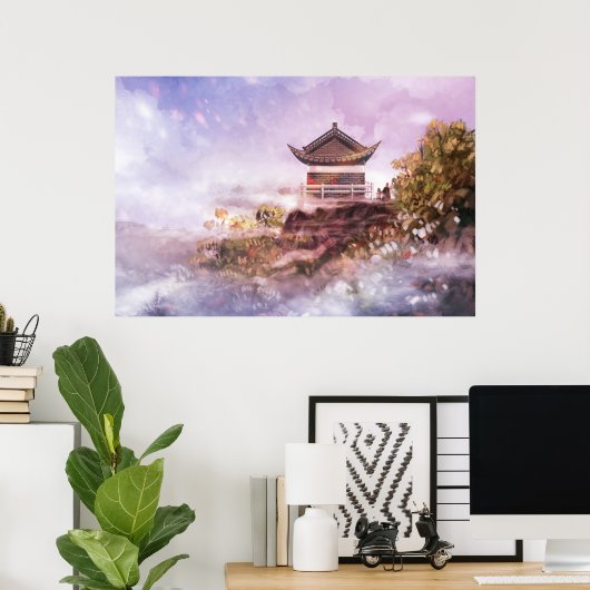 Ein antikes chinesisches Gebäude auf einer Bergspi Poster (Heimbüro)